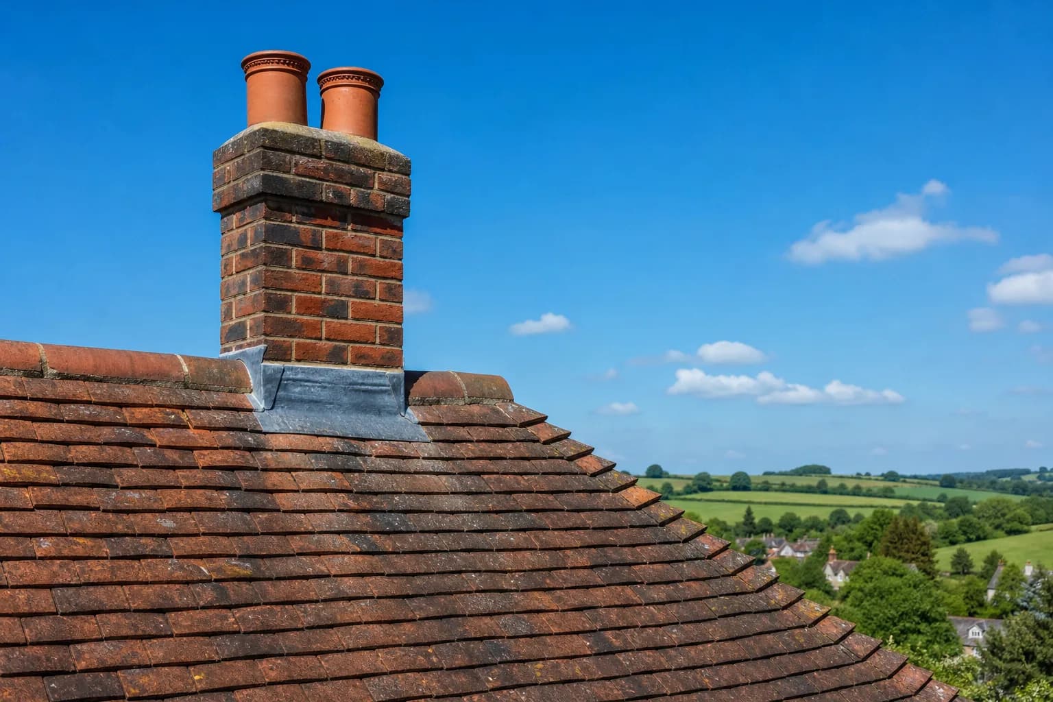 Well maintained clay tiled roof with a brick chimney against a bright sky in Kent