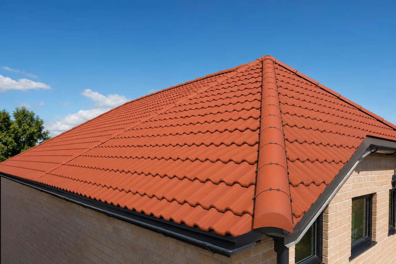 Newly tiled pitched roof on a detached house under a clear sky