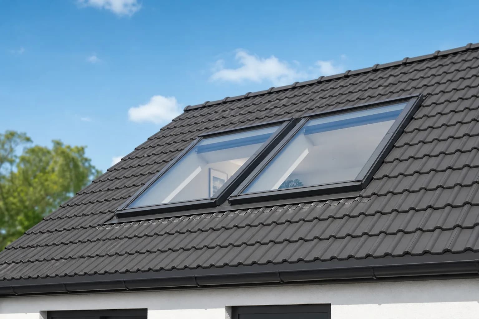 Roof windows set into a pitched tiled roof letting daylight into a loft