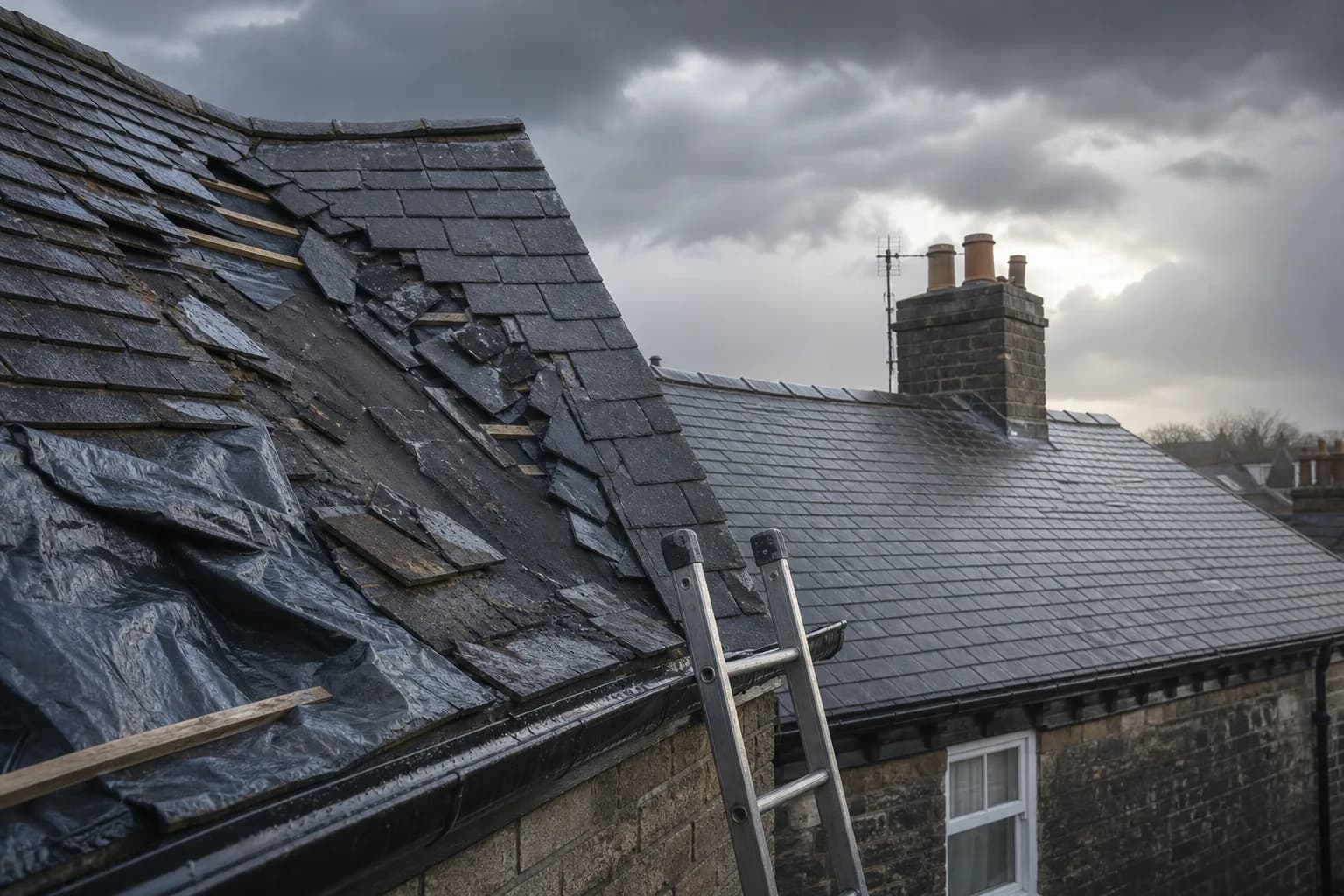 Storm-damaged pitched roof with slipped tiles and a ladder against the gutter